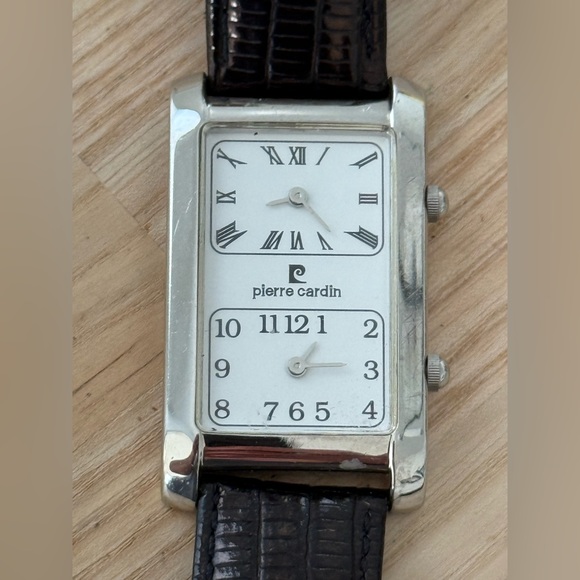 Pierre Cardin Rare Dual Dial Watch Curvex Crystal White Dial Black Leather Strap - Picture 1 of 11